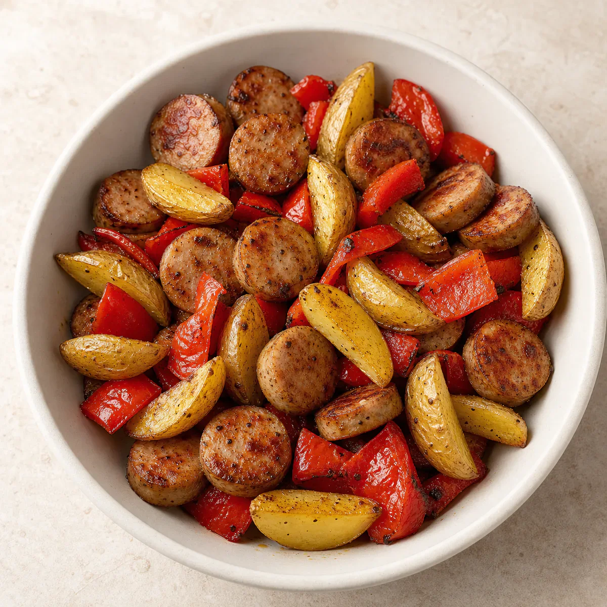 Air-fried chicken sausage, peppers, and potatoes served as one complete portion