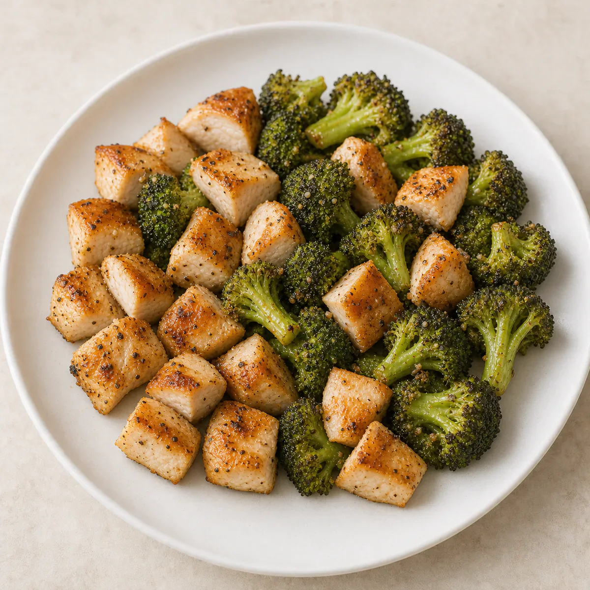 Garlic chicken breast pieces with broccoli served as one complete portion